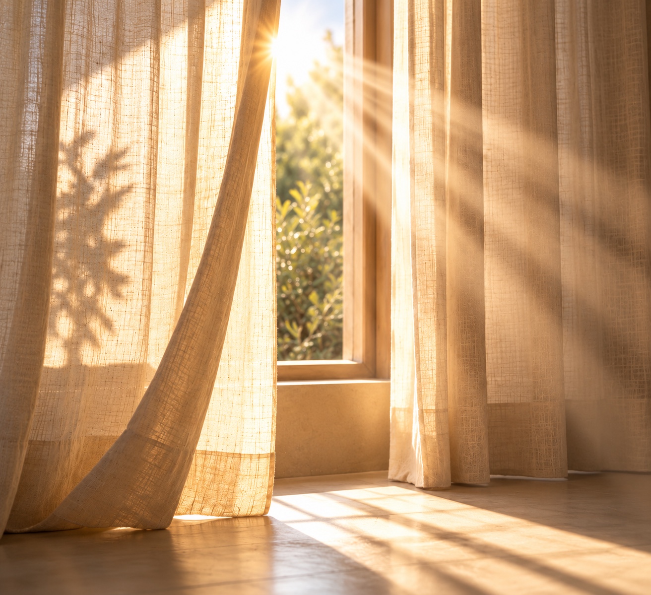 Janela com cortinas de linho e raios de luz atravessando uma fresta