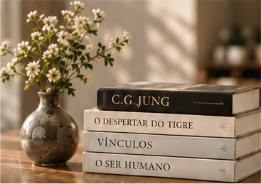 Livros sobre psicologia e um vaso com flores junto à janela